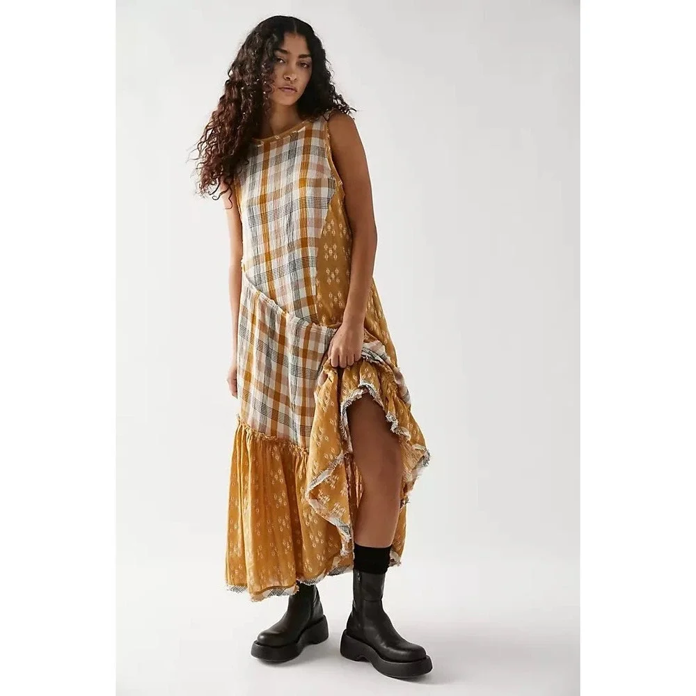 Free People No Stress Midi Dress Small Plaid  Mustard Yellow Boho Flowy Relaxed